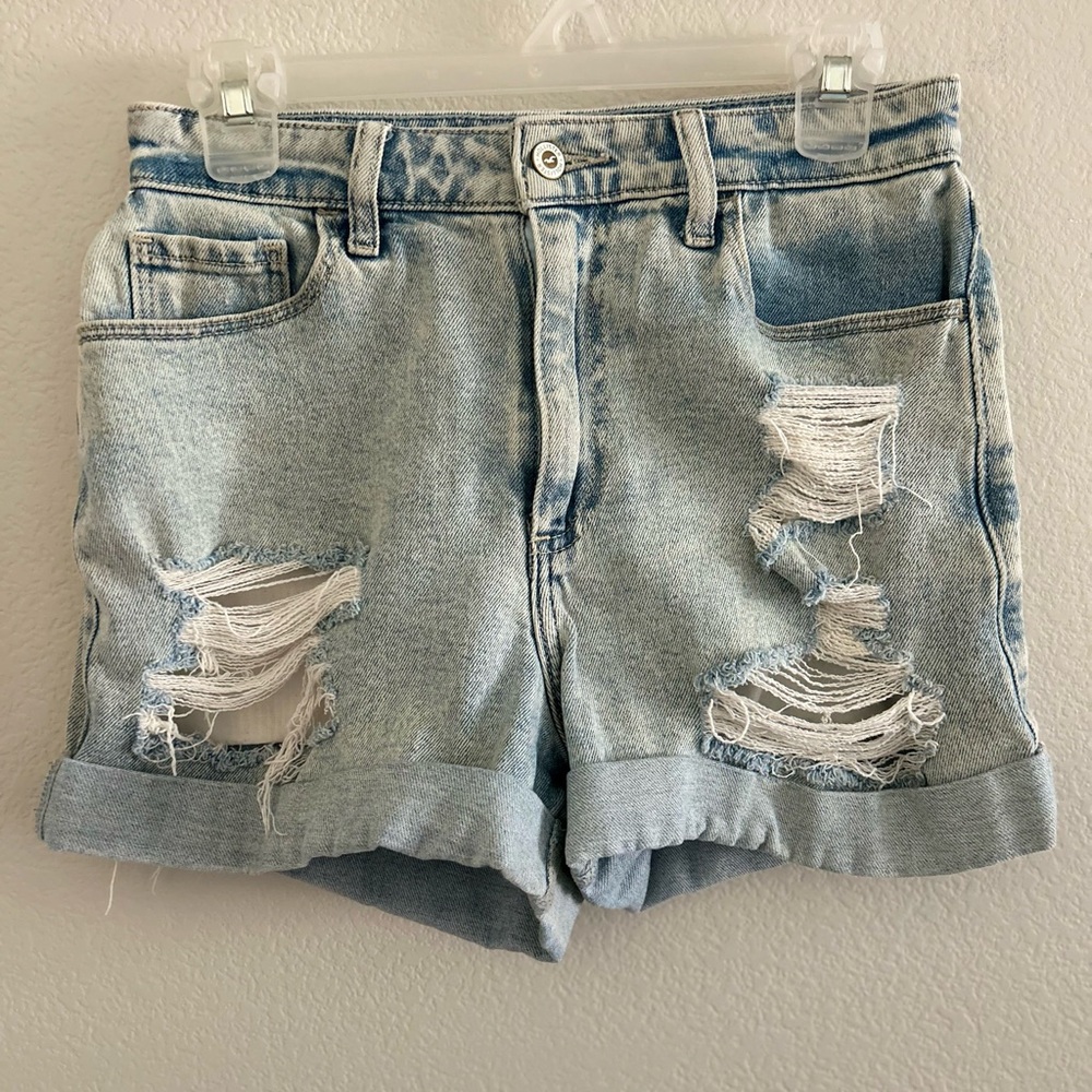 Hollister Faded Blue Ripped Curvy High-waisted Mom Jean Shorts